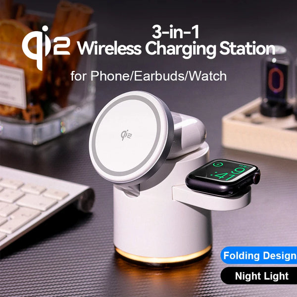 2024 جديد Qi2 شاحن لاسلكي 3 في 1 محطة شحن سريع حامل قابل للطي آيفون 16 15 14 برو ماكس Airpods أبل ساعة