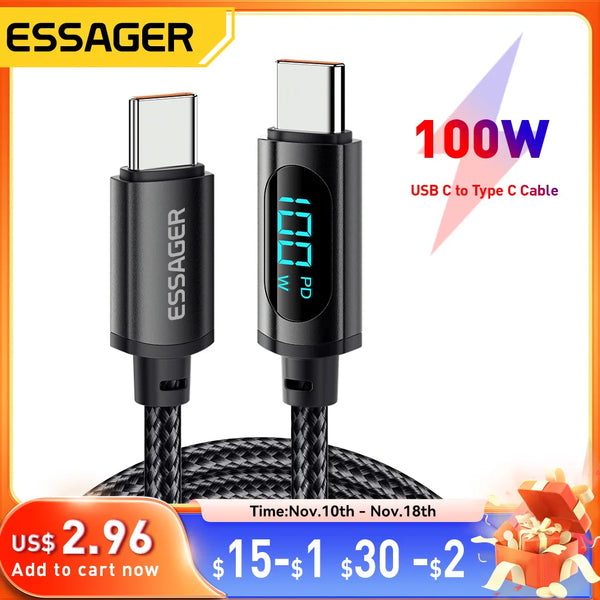 Essager PD 100W USB Type C Cable to USB C 7A Fast Charging Charger Wire Cord For OPPO Realme Huawei Poco Samsung Display Cable