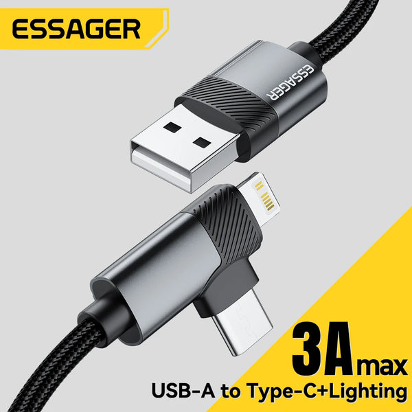 Essager 2 في 1 كابل الزاوية اليمنى USB A إلى Typec Lighting 3A شحن سريع كابل بيانات الكوع لهاتف iPhone 16 15 14 Samsung iPad Pro