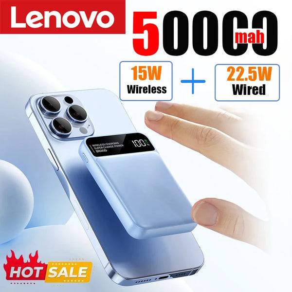 "باور بنك مغناطيسي لاسلكي Lenovo 50000mAh - شاحن سريع 22.5W لهواتف iPhone، Samsung وApple iWatch"
