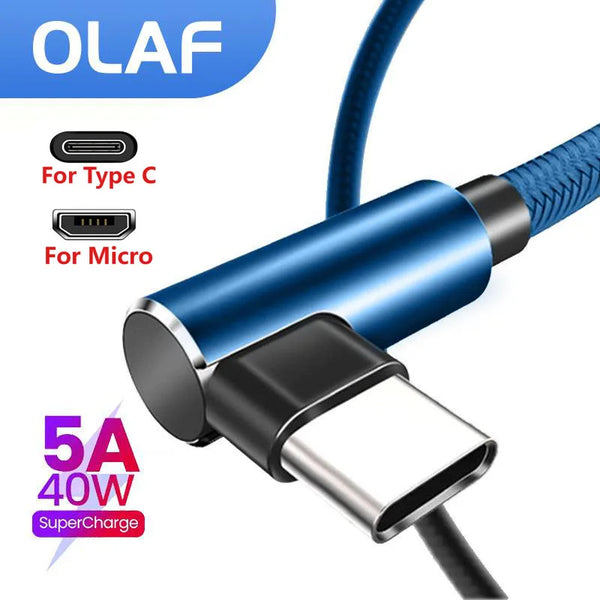 OLAF 5A USB C كابل شحن سريع مايكرو USB لهواوي ميت 40 30 شاومي سامسونج 90 درجة سلك شحن الهاتف المحمول 1 متر/2 متر/3 متر